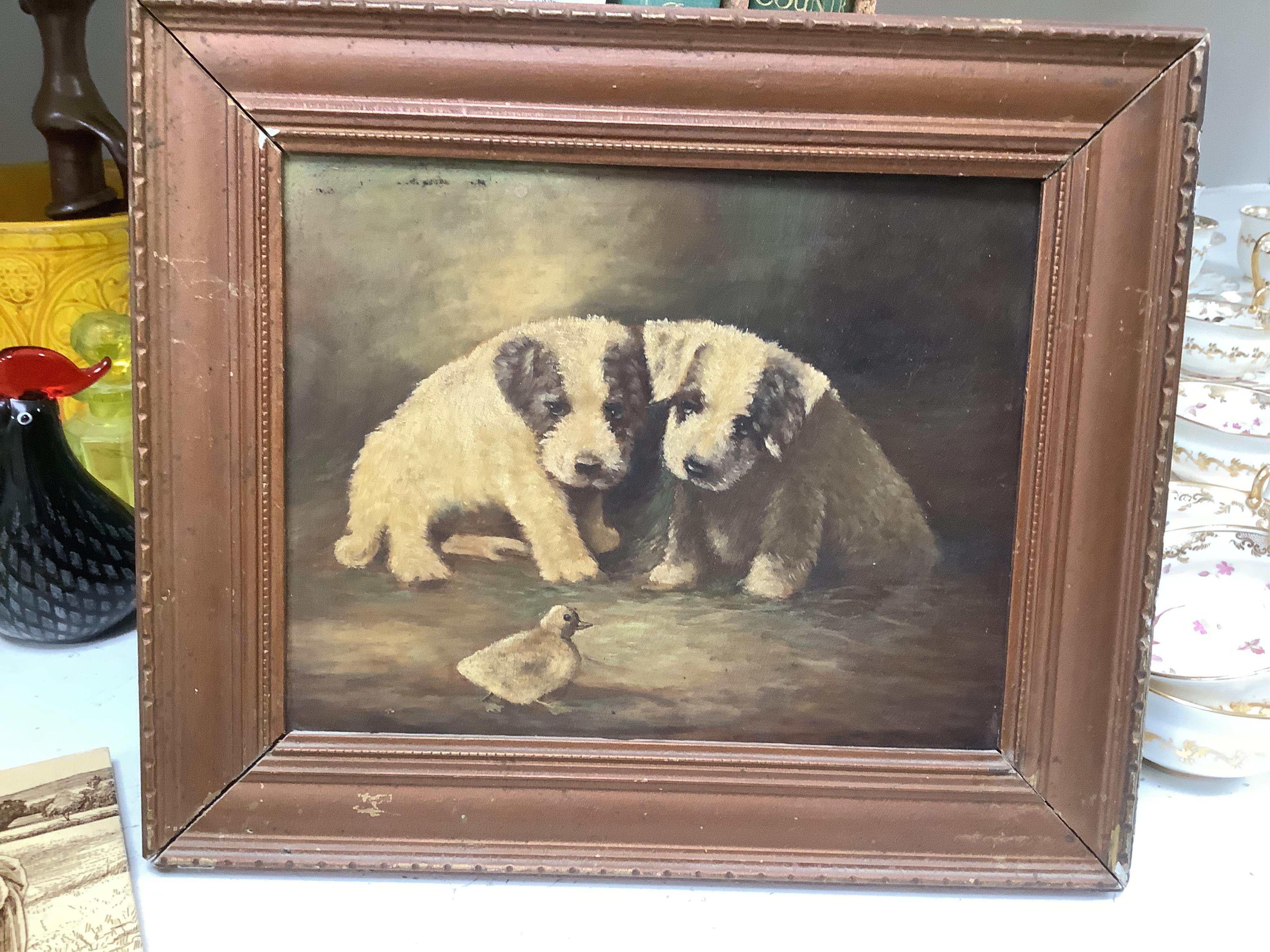 Early 20th century English School, Study of a terrier, unsigned, together with a later study of a chick before two dogs, signed Volle, largest 19 x 24cm. Condition - fair